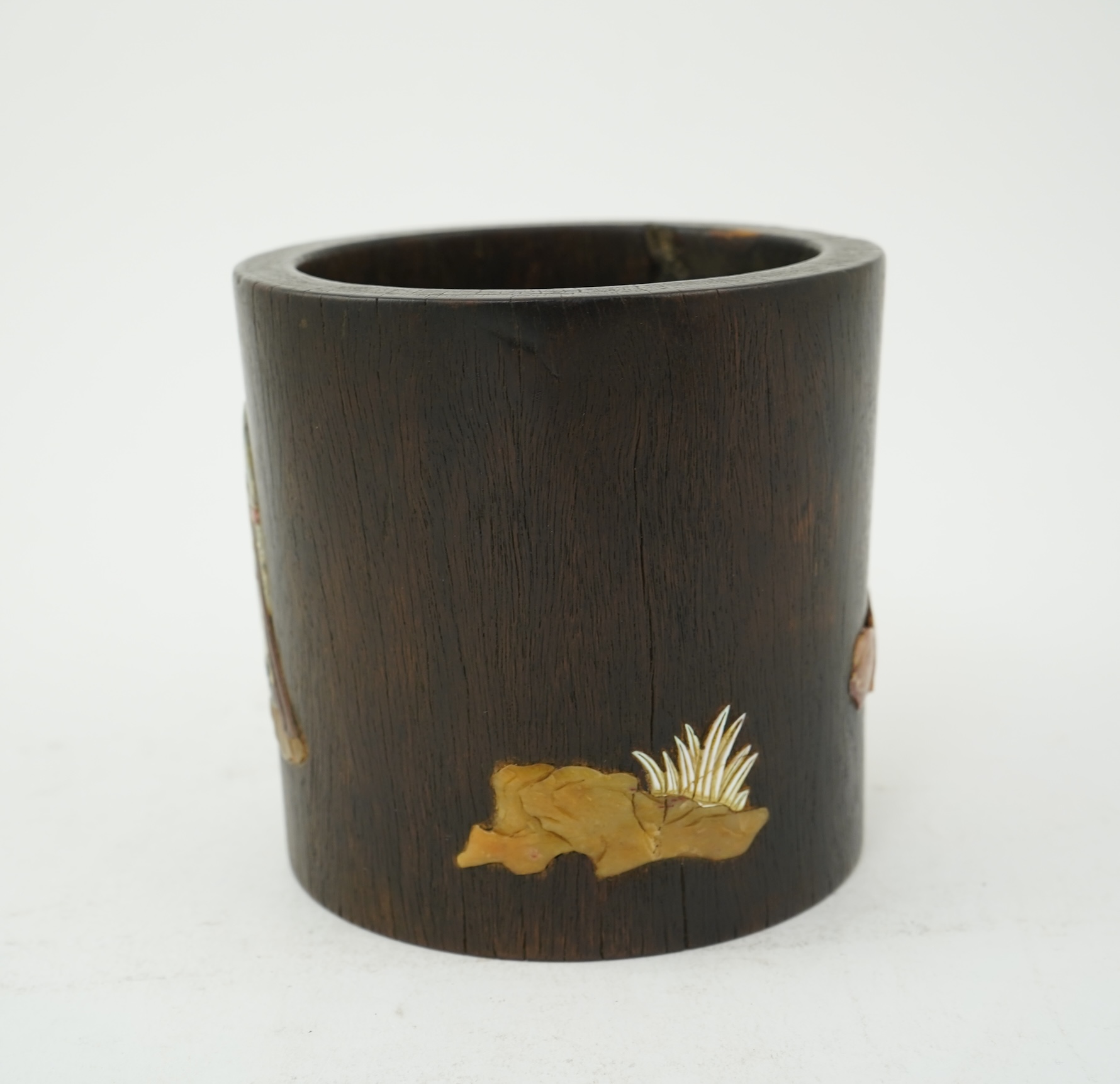 A Chinese soapstone and mother-of-pearl inlaid hardwood brushpot, possibly zitan